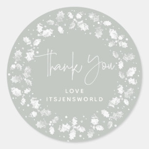 Grey-Green Thank You Christmas Holly Wreath Classic Round Sticker