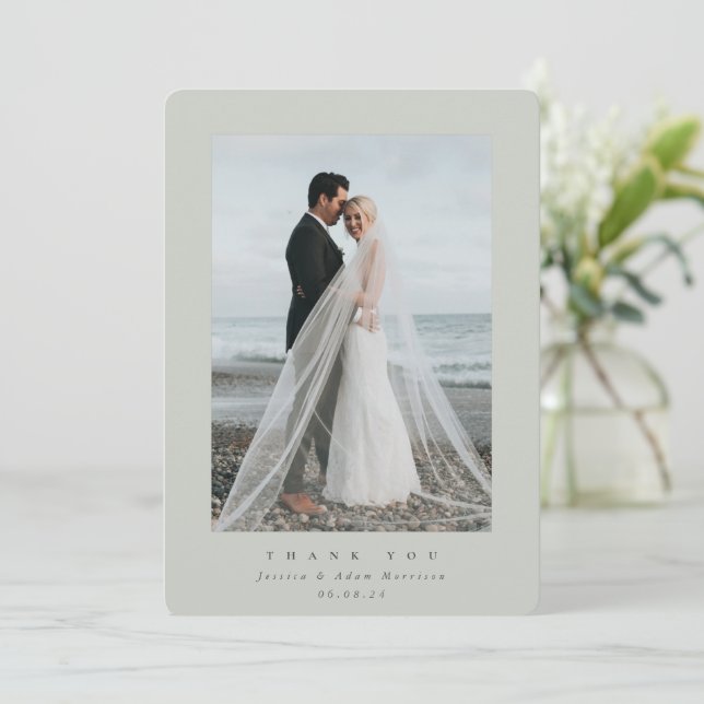 Grey-Green Ultra Minimal Single Photo Wedding Thank You Card (Standing Front)