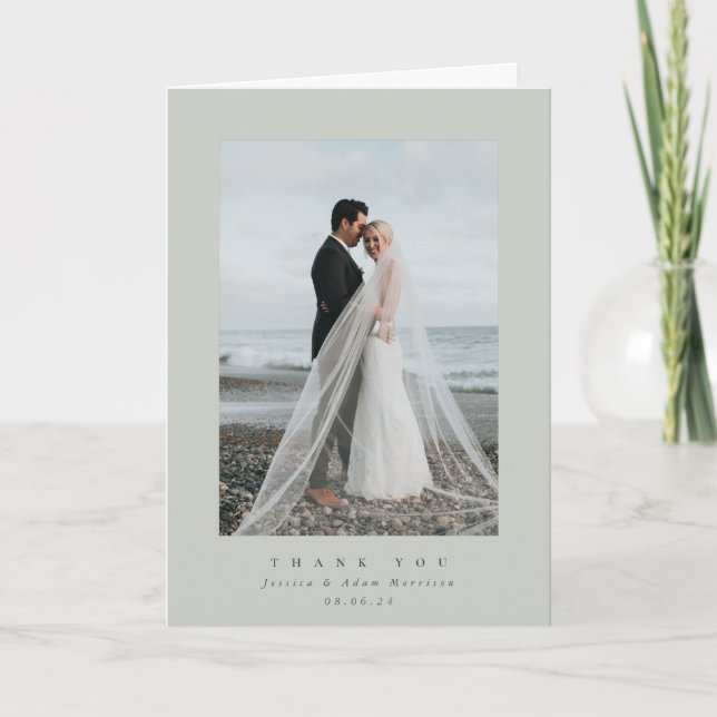 Grey-Green Ultra Minimal Single Photo Wedding Thank You Card (Front)