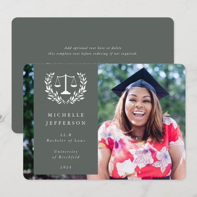 Grey-Green + White Law Scales Laurel Wreath Photo Announcement (Front/Back)