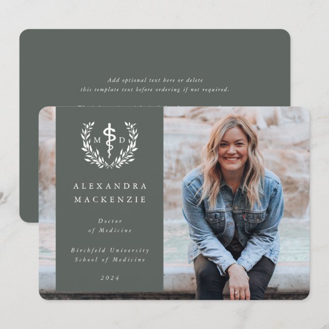 Grey-Green/White MD Asclepius Graduation Photo Announcement (Front/Back)