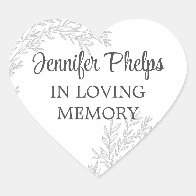 Grey Greenery In Loving Memory Heart-Shaped Heart Sticker (Front)