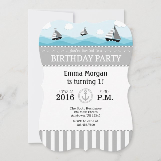 Grey Grey Blue Nautical Birthday Invitation (Front)