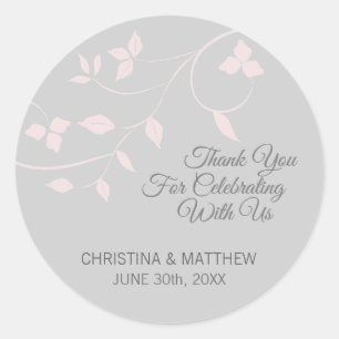 Grey, Grey Blush Pink Pastel Thank You Wedding Classic Round Sticker