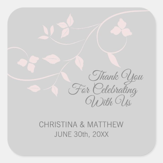 Grey, Grey Blush Pink Pastel Thank You Wedding Square Sticker (Front)