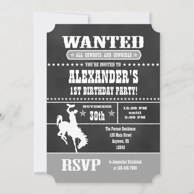 Grey Grey Chalkboard Cowboy Birthday Invitation (Front)