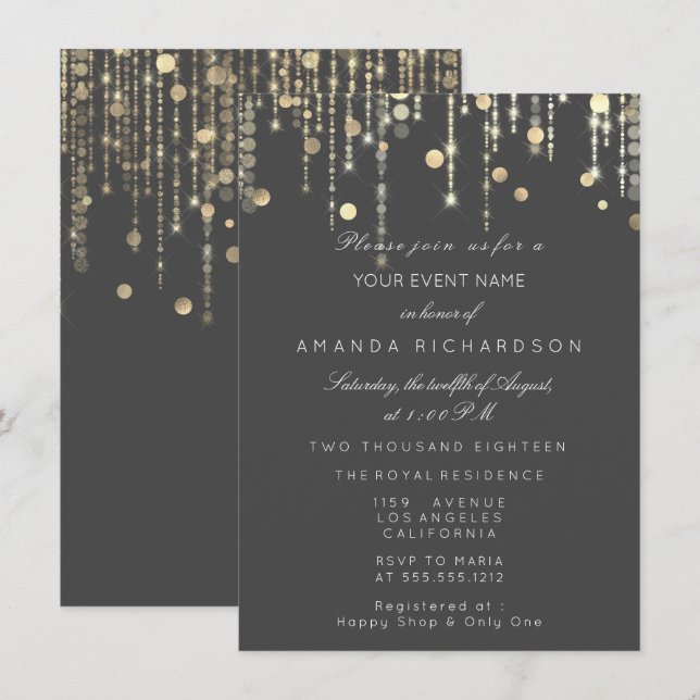 Grey Grey Gold Drips Birthday Bridal Shower Invitation (Front/Back)