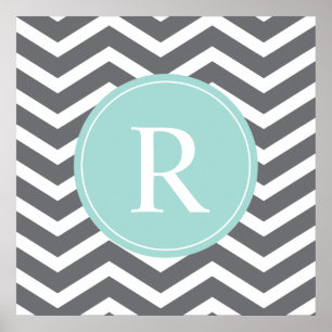 Grey Grey Mint Chevron Monogram Poster