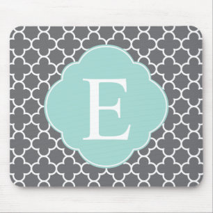 Grey Grey Mint Quatrefoil Monogram Mouse Mat