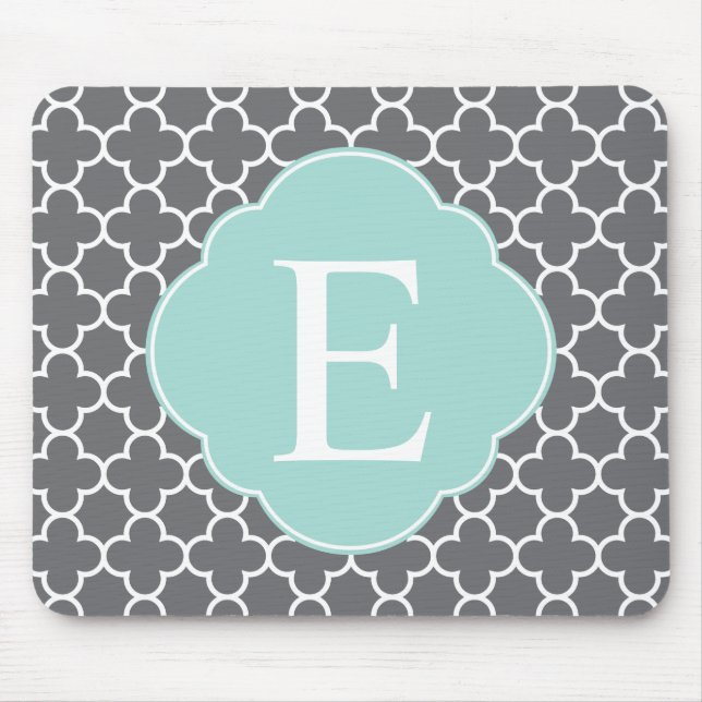 Grey Grey Mint Quatrefoil Monogram Mouse Mat (Front)