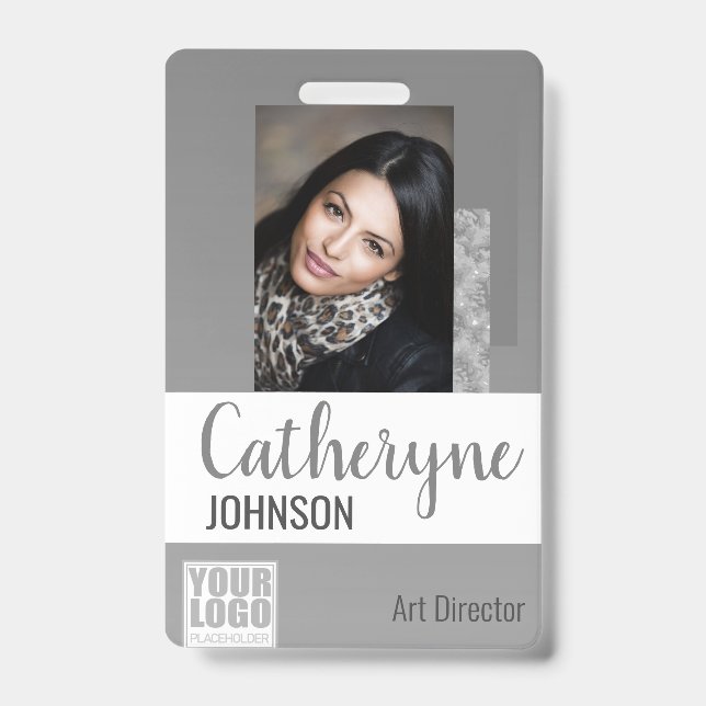 Grey Grey Ombre Logo Barcode ID Photo Template Badge (Front)