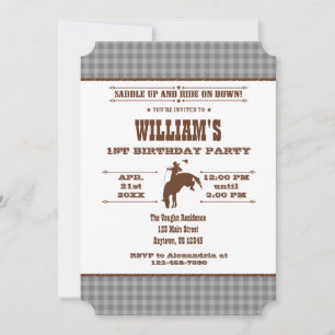 Grey Grey Plaid Cowboy Rodeo Birthday Invitation