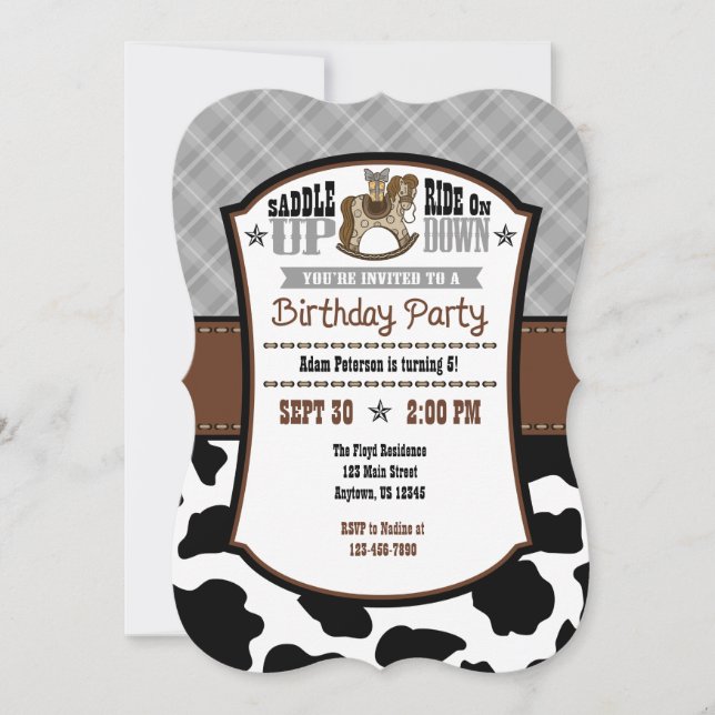 Grey Grey Plaid Cowhide Cowboy Birthday Invite (Front)