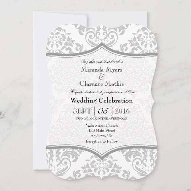 Grey Grey White Damask Bracket Wedding Invite (Front)