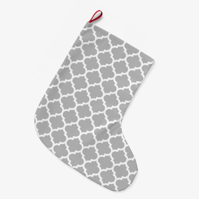 Grey Grey White Moroccan Quatrefoil Pattern #5 Large Christmas Stocking (Front (Hanging))