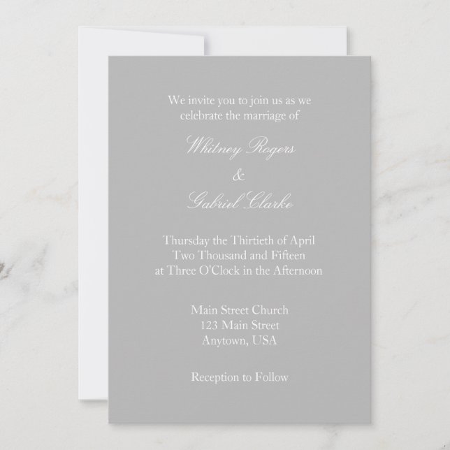 Grey Grey White Plain Simple Wedding Invitation (Front)