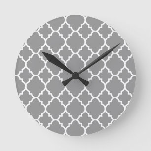 Grey Grey White Quatrefoil Moroccan Pattern Round Clock