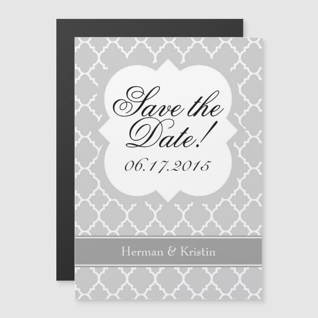 Grey Grey White Quatrefoil Save The Date Magnet (Front/Back)