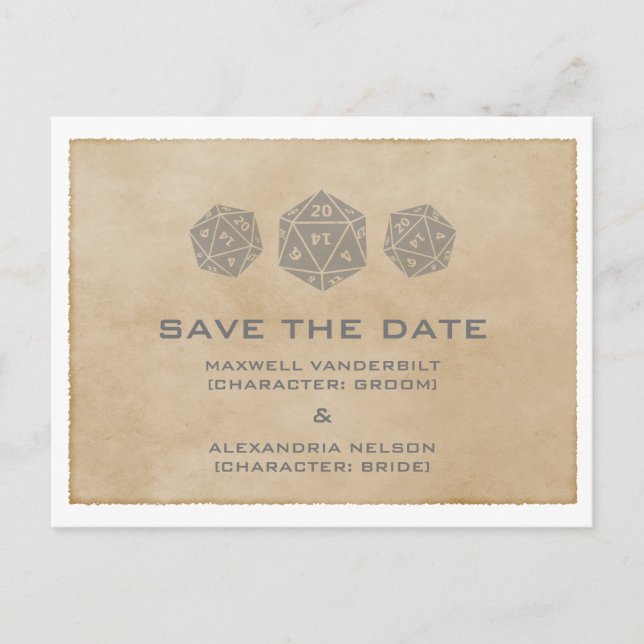 Grey Grunge D20 Dice Gamer Save the Date Postcard (Front)