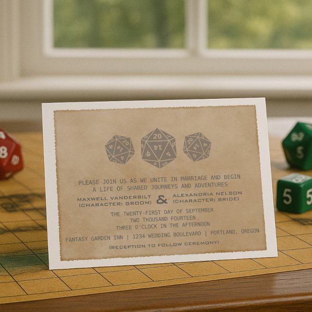 Grey Grunge D20 Dice Gamer Wedding Invitation (Gray Grunge D20 Dice Gamer Wedding Invitation)