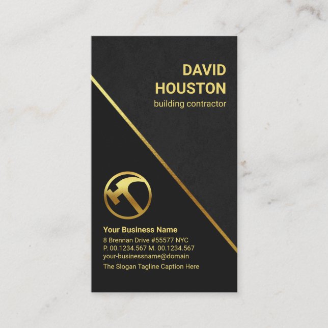 Grey Grunge Gold Stripe Construction Contractor Business Card (Front)