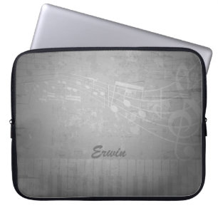 Grey Grunge Music Background and Custom Monogram Laptop Sleeve