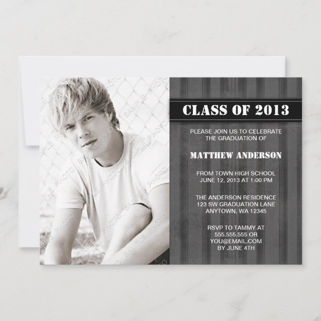 Grey Grunge Stripe Photo Graduation Announcement (Front)