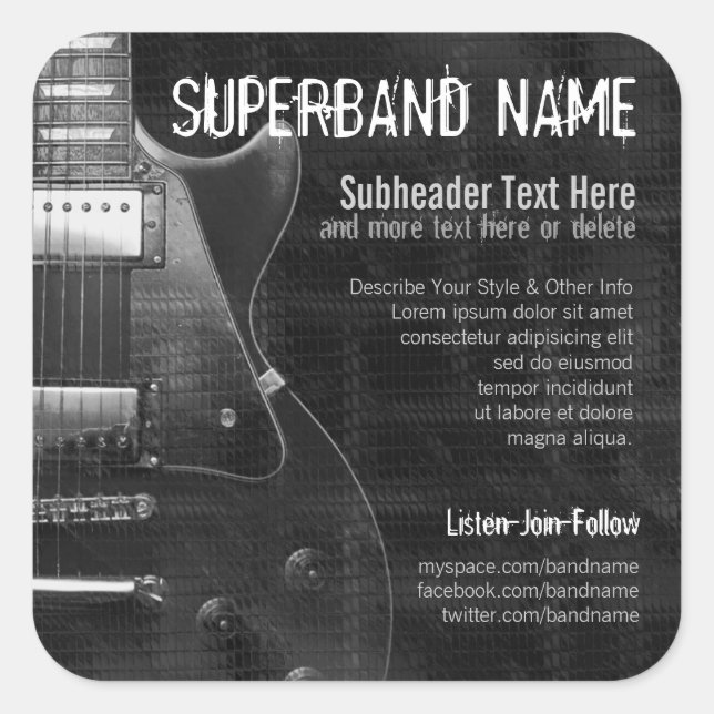 Grey Guitar Band Musician Square Promo Sticker (Front)