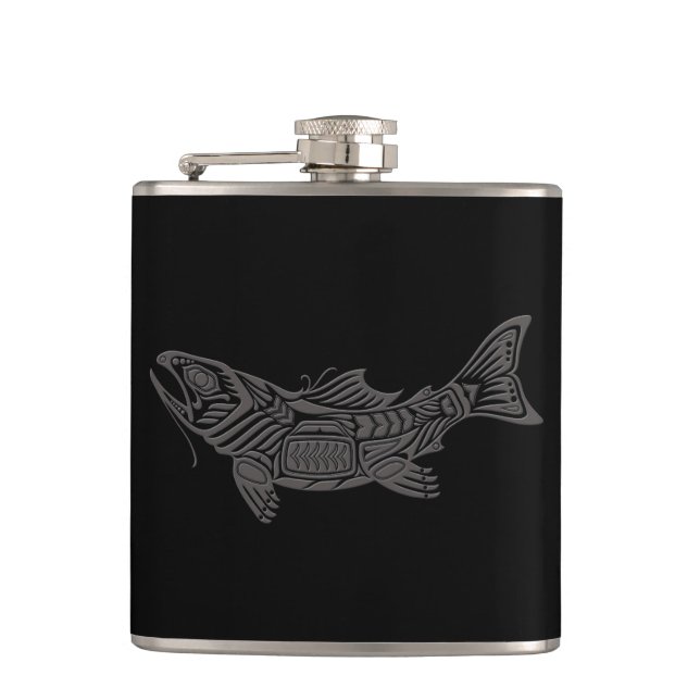 Grey Haida Spirit Fish on Black Hip Flask (Front)