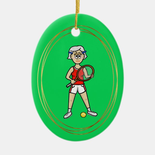 Grey Hair Female Tennis Player Ornament            (Front)