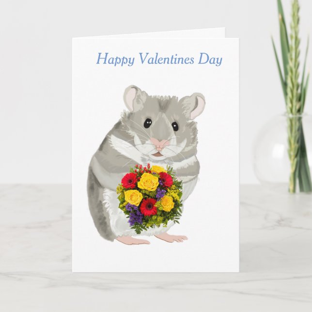 Grey Hamster with a bouquet editable Valentine’s Holiday Card (Front)