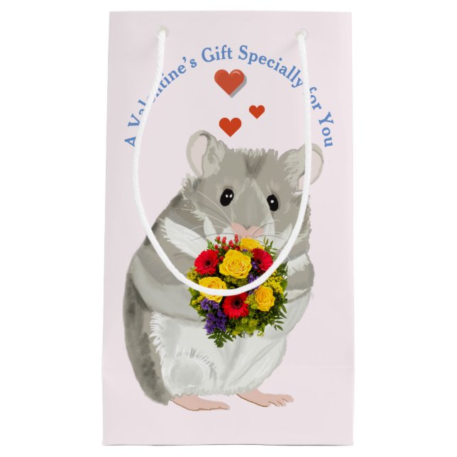 Grey Hamster with a bouquet editable Valentine’s Small Gift Bag (Front)