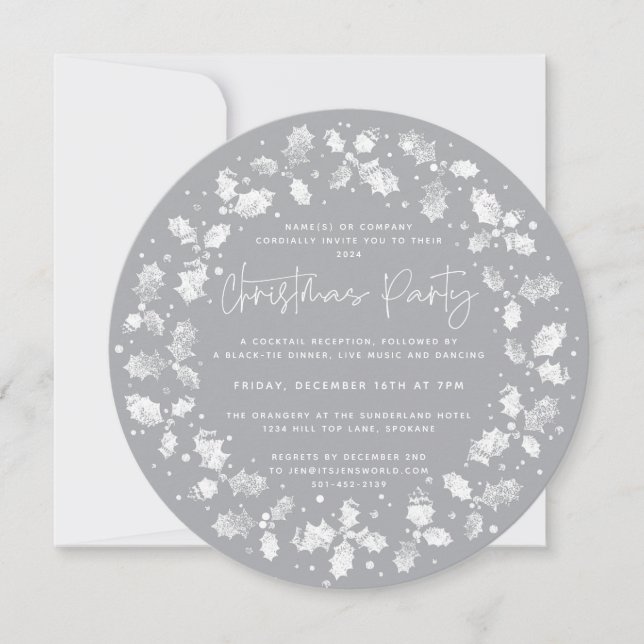 Grey Hand Printed Holly+Berries Christmas Party Invitation (Front)