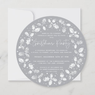 Grey Hand Printed Holly+Berries Christmas Party Invitation