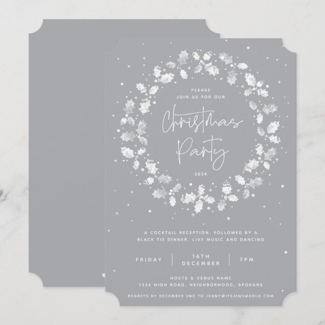 Grey Hand Printed Holly Wreath Christmas Party Invitation (Front/Back)