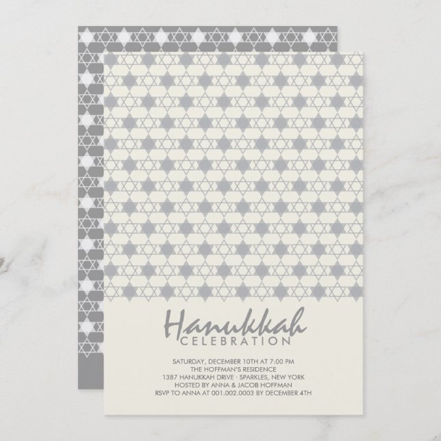 Grey Hanukkah Stars Of David Pattern Holiday Party Invitation (Front/Back)