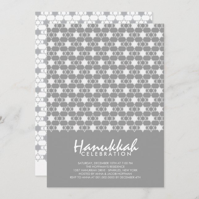 Grey Hanukkah Stars Of David Pattern Holiday Party Invitation (Front/Back)