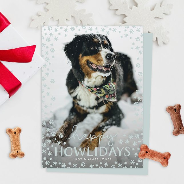 Grey Happy Howlidays Pet Lover Holiday Photo Card (snowflakes and paw prints happy howlidays pet parent Christmas holiday photo cards)