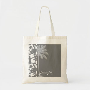 Grey Hawaiian Tropical Hibiscus; Summer Palm Tote Bag