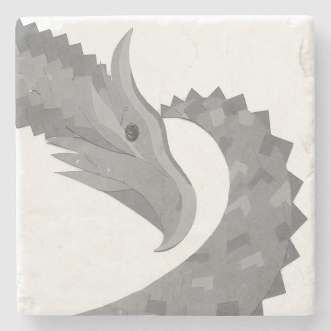 Grey heart dragon on white stone coaster (Front)