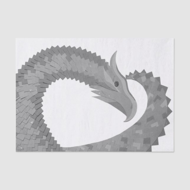 Grey heart dragon on white tissue paper (Front)