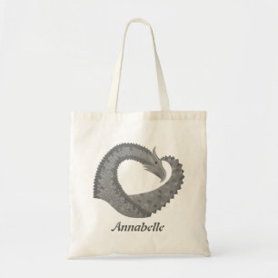 Grey heart dragon on white tote bag
