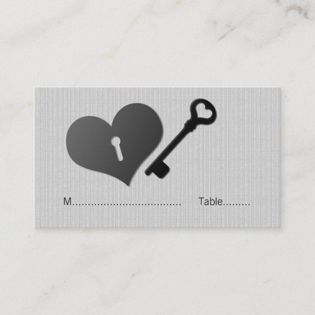 Grey Heart Lock and Key Place Card (Front)