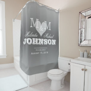 Grey Heart Monogram Wedding Shower Curtain