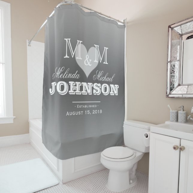 Grey Heart Monogram Wedding Shower Curtain (In Situ)
