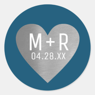 grey heart of love on navy blue wedding  classic round sticker