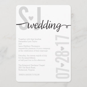 Grey Hearts & Chevron Bold Letters Wedding Invite