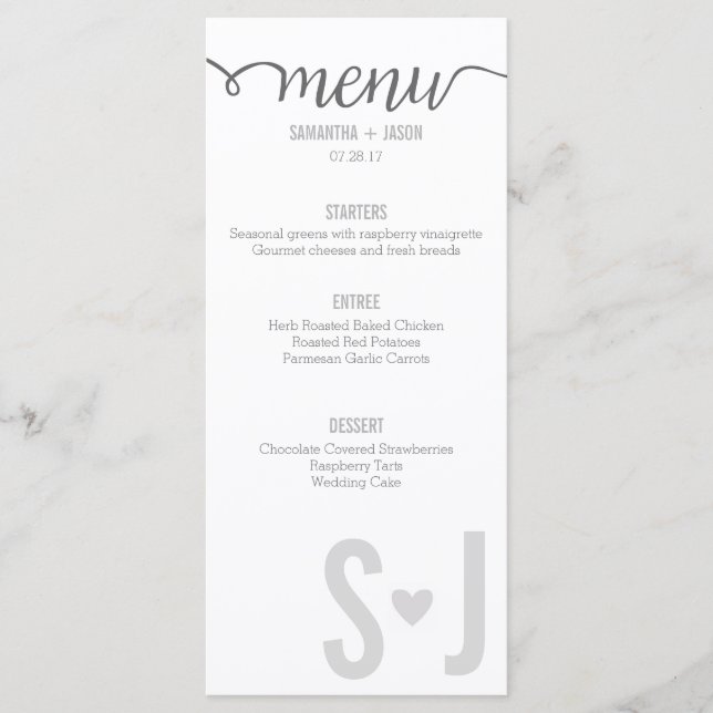 Grey Hearts & Chevron Bold Letters Wedding Menu (Front)
