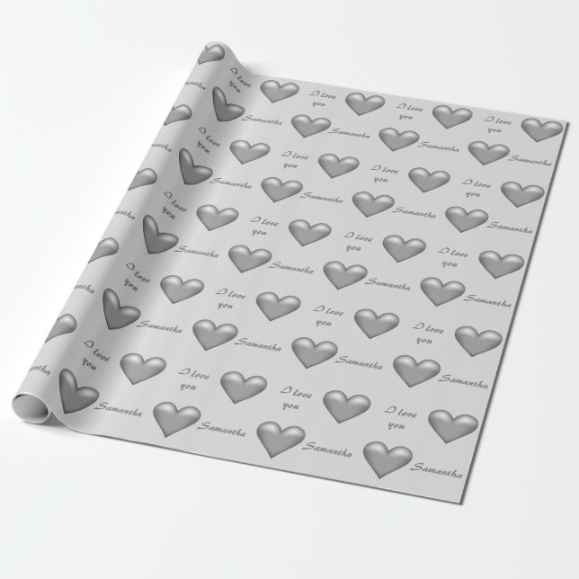 Grey Hearts & Custom I Love You Text With Any Name Wrapping Paper (Unrolled)