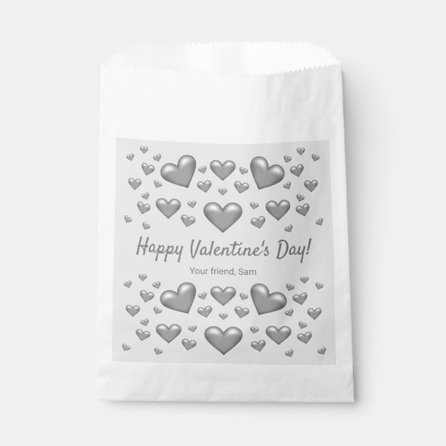 Grey Hearts Happy Valentine's Day & Custom Text Favour Bags (Front)